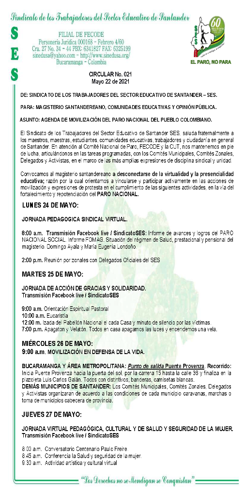 CIRCULAR 021 ACTIVIDADES DE PARO NACIONAL